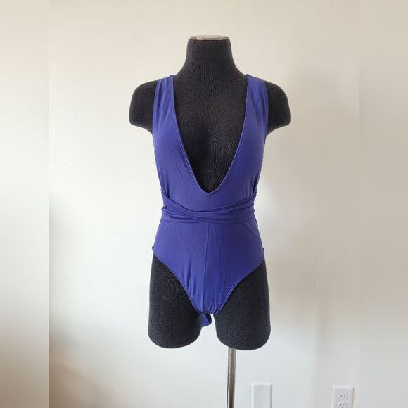 One Piece Swimsuit Navy Blue Wrap Plunge Adjustable Comfy Beach Pool Vacay Small - Picture 2 of 5